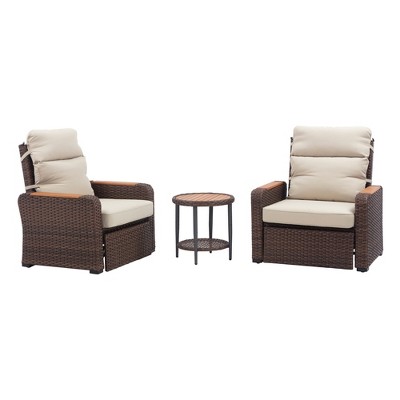 Teamson Home - Outdoor 3 Piece Wicker Recliner Set with Wood Armrests and Cushions