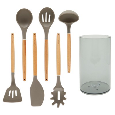 Juvale 7-Piece Set Silicone and Wood Kitchen Utensil Set with Holder for Cooking (Bamboo)