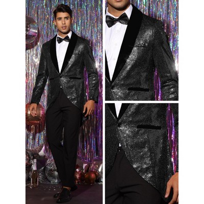 INSPIRE CHIC Men's Shawl Lapel Wedding Party Shiny Sequin Tuxedo Tailcoat Black Large — фото 5