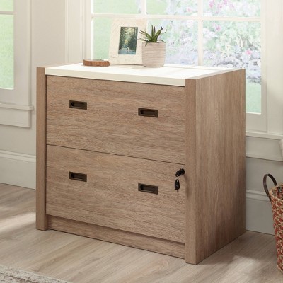 Brushed Oak 2-Drawer Lockable Lateral File Cabinet with Pebble White Accent