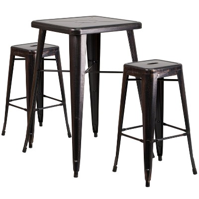 Flash Furniture Commercial Grade 23.75" Square Metal Indoor-Outdoor Bar Table Set with 2 Square Seat Backless Stools