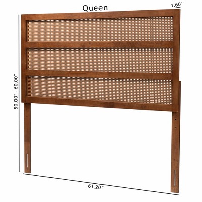 Walnut Wood and Rattan Queen Size Headboard with Woven Design