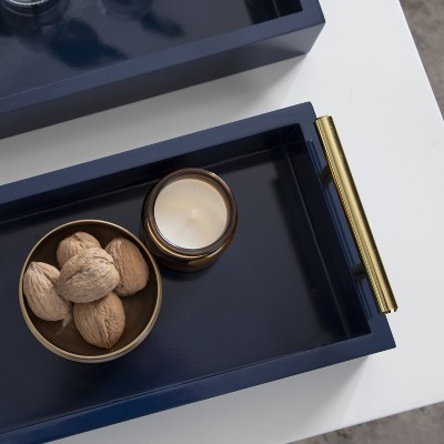 Navy Blue and Gold Rectangular Wood Tray Set with Metal Handles