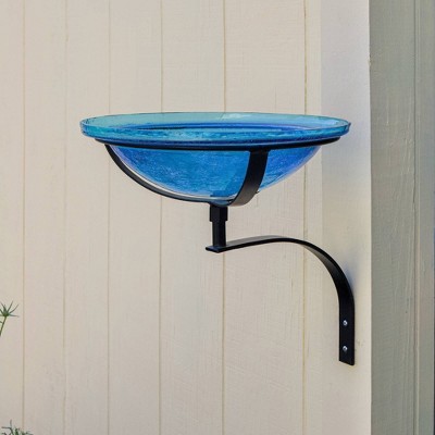 Teal Crackle Glass Birdbath Bowl with Wall Mount Bracket