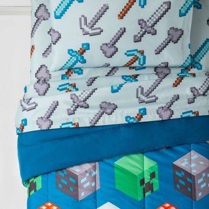 Minecraft Full Isometric Kids' Bedding Set Blue: Comforter & Sheets, Polyester, Microfiber, Favorite Character Theme - 1 of 3