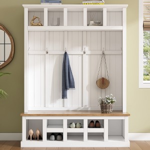 Whisen Freestanding Hall Tree with Shoe Bench, Storage Shelves and 3 Hanging Hooks - 1 of 4