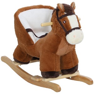 Qaba Baby Rocking Horse, Kids Ride on, Plush Animal Rocker with Sound, Wooden Base & Safety Belt for Ages 18-36 Months, Brown - 1 of 4