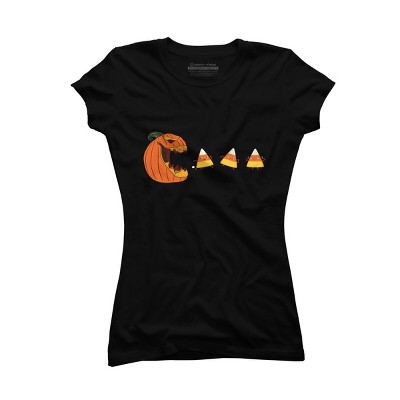 Junior's Design By Humans Halloween Gamer Pumpkin Eating Candy Corn By rawresh6 T-Shirt