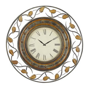 36"x36" Metal Leaf Wall Clock with Scrolled Vines Brown - Olivia & May: Silent, Rustic Decor - 1 of 4