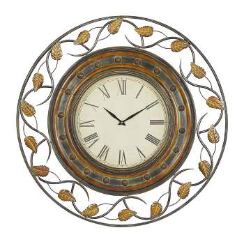 36"x36" Metal Leaf Wall Clock with Scrolled Vines Brown - Olivia & May