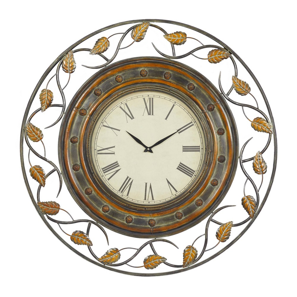 Photos - Wall Clock 36"x36" Metal Leaf  with Scrolled Vines Brown - Olivia & May