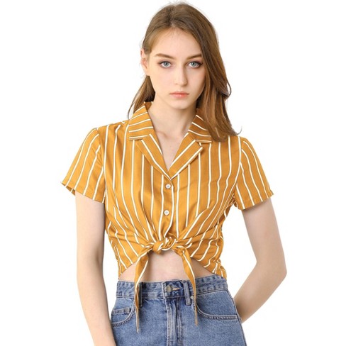 Allegra Women's Retro Striped Button Up Short Sleeve Tie Shirt Yellow Medium : Target