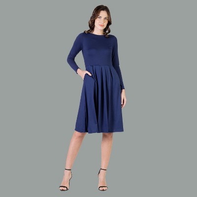 24seven Comfort Apparel Womens Long Sleeve Midi Length Fit N Flare Pocket Dress