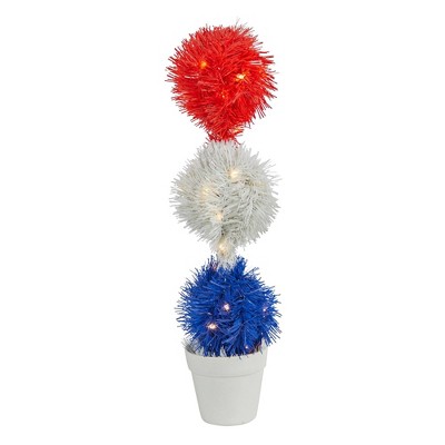 Nearly Natural 18-in Red, White and Blue “Americana” Artificial Topiary Plant with 35 Warm LED Lights