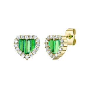 Guili Radiant Baguette Heart Halo Earrings in 14k Gold Plating with Cubic Zirconia—Timeless Studs for Everyday Glam in Green, Purple, or Blue. - 1 of 2