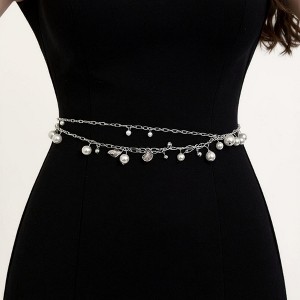 Anna-Kaci Women's Layered Chain Belt with Pearl Charms and Metal Leaf Details - Silver - 1 of 4