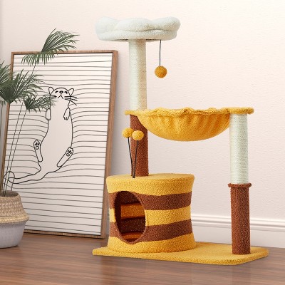 Yellow Flower Cat Tree with Sisal Scratching Posts and Hammock
