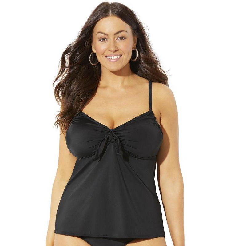Swimsuits For All Women's Plus Size Adjustable Relaxed Fit Tie Front Underwire Tankini Top, 1 of 3