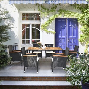 Karl Home Black 7-Piece Wicker Acacia Wood Outdoor Dining Set with Beige Cushion - 1 of 4