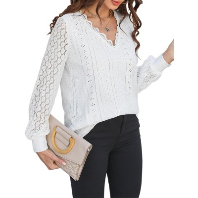 Fashionable V-Neck Lace Hollow Long Sleeve Top Shirt Business Casual Blouse