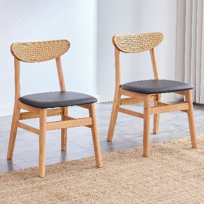 CAVINAS Ancient Style Armless Chairs, Durable Solid Wood Dining Chair with Small Curved Back and PU Cushion for Dining Room, Bedroom