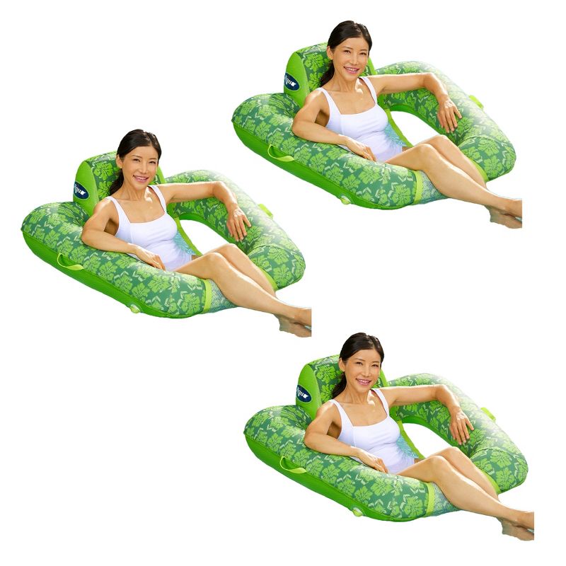 Aqua Leisure Zero Gravity Comfortable Hammock Style Inflatable Swimming Pool Chair Lounge Float w/ Leg and Arm Rests, Floral Trip Lime Green, 3 Pack, 1 of 7