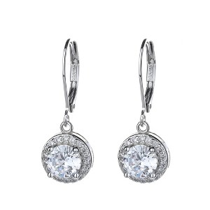 Genuine Crystal Halo Leverback Earrings in 18K White Gold - 1 of 4