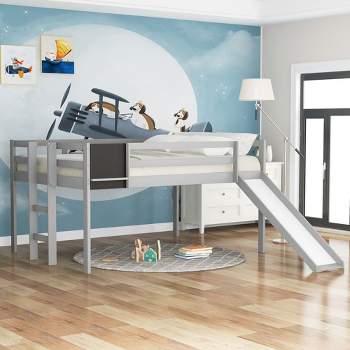 Full Size Wooden Loft Bed with Slide, Stair and Chalkboard - ModernLuxe