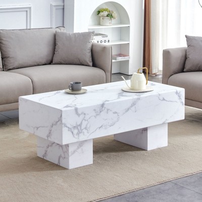 CAVINAS Coffee Tables for Living Room Modern Rectangular Coffee Table White Imitation Marble Texture Tea Table for Dining Room and Bedroom