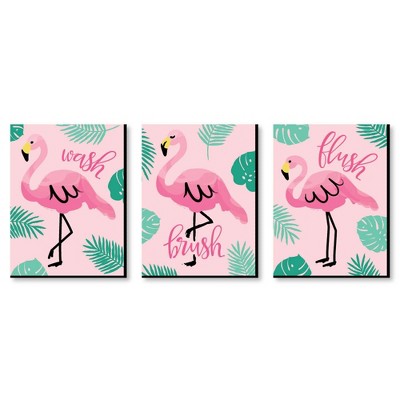 Big Dot of Happiness Pink Flamingo - Kids Bathroom Rules Wall Art - 7.5 x 10 inches - Set of 3 Signs - Wash, Brush, Flush