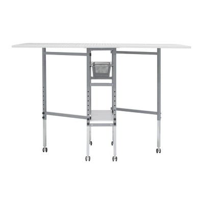 Adjustable Silver and White Folding Cutting Table with Grid Top