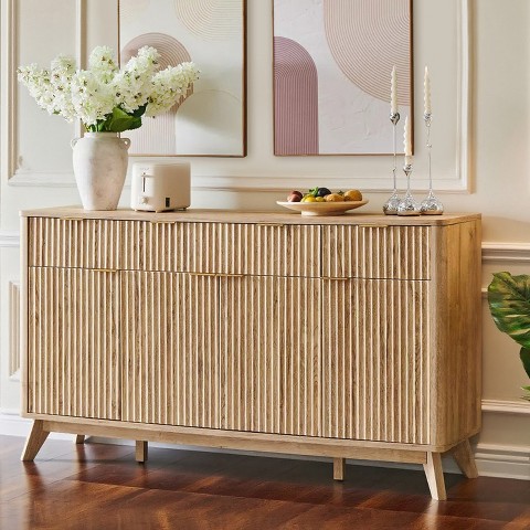 Sincido 60" Buffet Sideboard Cabinet with 4 Doors, Fluted Coffee Bar Table with 3 Drawers, Modern Sideboard for Dining Room, Living Room, Natural Oak