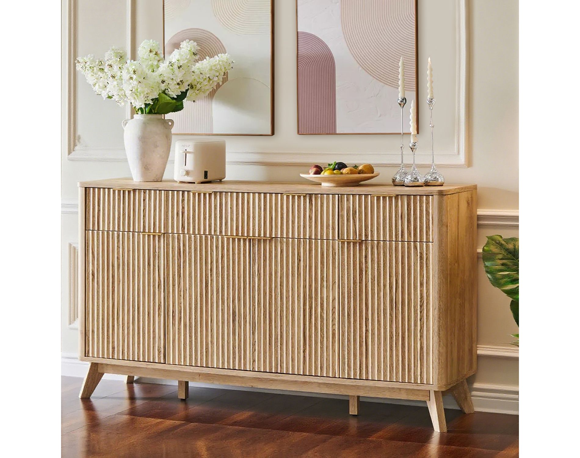 60" Buffet Sideboard Cabinet, Fluted Coffee Bar Table with 3 Drawers & 4 Doors, Modern Sideboard for Dining Room, Living Room, Natural Oak