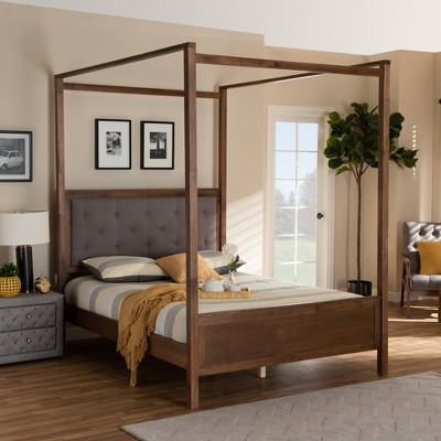 King Gray Upholstered Wood Platform Canopy Bed with Tufted Headboard