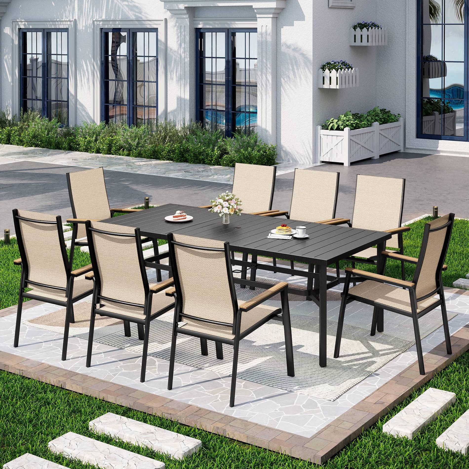Captiva Designs 9pc Outdoor Dining Set with Rectangle Table and Beige Aluminium Textilene Chairs