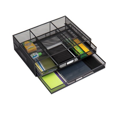 Black Metal Mesh Monitor Stand with Storage Drawers