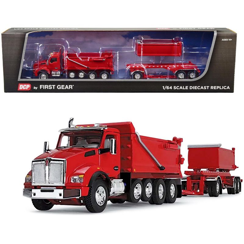 Kenworth T880 Quad-Axle Dump Truck and Rogue Transfer Tandem-Axle Dump Trailer Viper Red 1/64 Diecast Model by DCP/First Gear, 1 of 6
