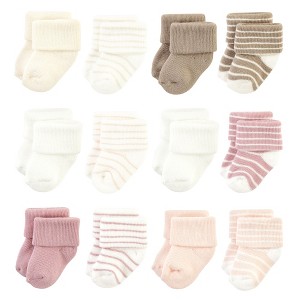 Hudson Baby Infant Girl Cotton Rich Newborn and Terry Socks, Blush Stripe - 1 of 4