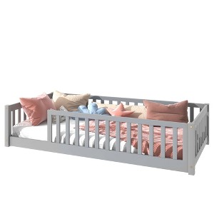 Gulches Twin Size Rubber Wood Floor Bed with Fence (No Door) & Safety Guardrails, Grey - 1 of 4