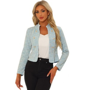 INSPIRE CHIC Women's Tweed Stand Collar Business Open Front Cropped Jacket - 1 of 4