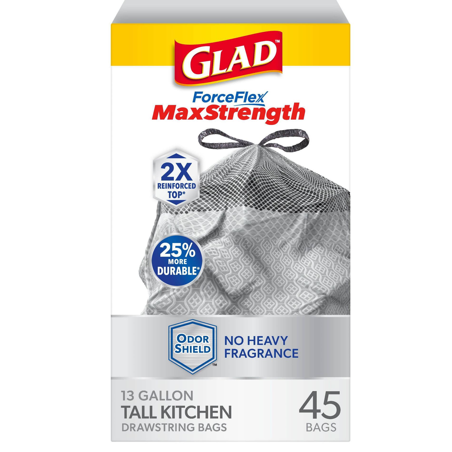 Glad ForceFlex MaxStrength Drawstring Odor Shield Trash Bags - 13gal - 45ct: Unscented Plastic, Gray, Tall Kitchen