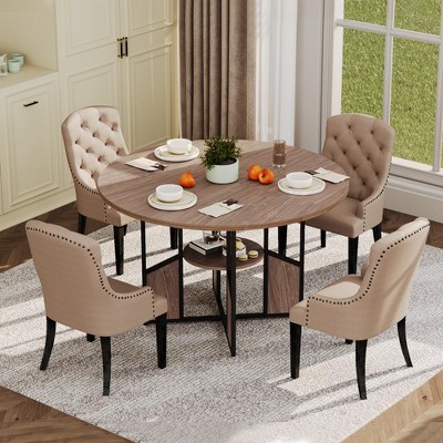 47 Inch Round Dining Table for 4-6 People, Wood Circle Kitchen Table with Storage Shelf & Metal Leg
