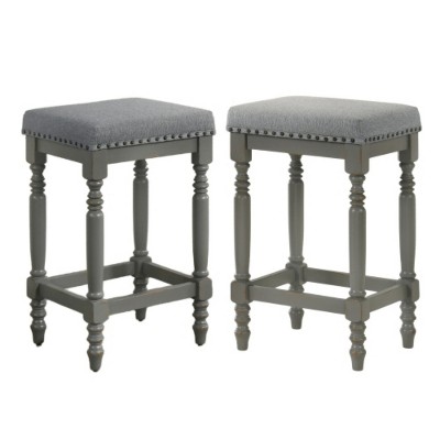 Rustic Wood Bar Stools with Upholstered Seats, Set of 2 - 26" Bar Stools