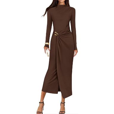 LEVEN SIXTEEN Mauve Floral Bodycon Maxi Dress, Ruched Mesh for Wedding Guest Brown-Large Large