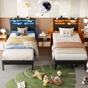 Bed Frame with 2 Storage Drawers Headboard, LED & Charging Station, Black oack - 1 of 2