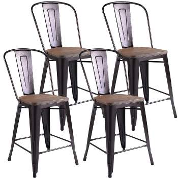 Costway Copper Set of 4 Metal Wood Counter Stool Dining Kitchen Bar Chairs Rustic High Back