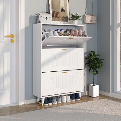TIRAMISUBEST White Wooden Shoe Cabinet with 3 Flip Drawers - Narrow Entryway Storage Organizer for Hallway or Living Room