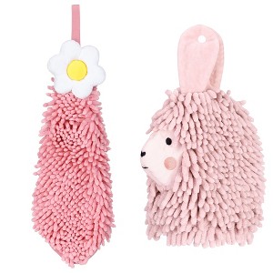 REGALWOVEN Soft Absorbent Flower Pattern and Sheep Pattern Chenille Hand Towel with Loop 6" x 15"/7" x 11" 2 Pcs - 1 of 4