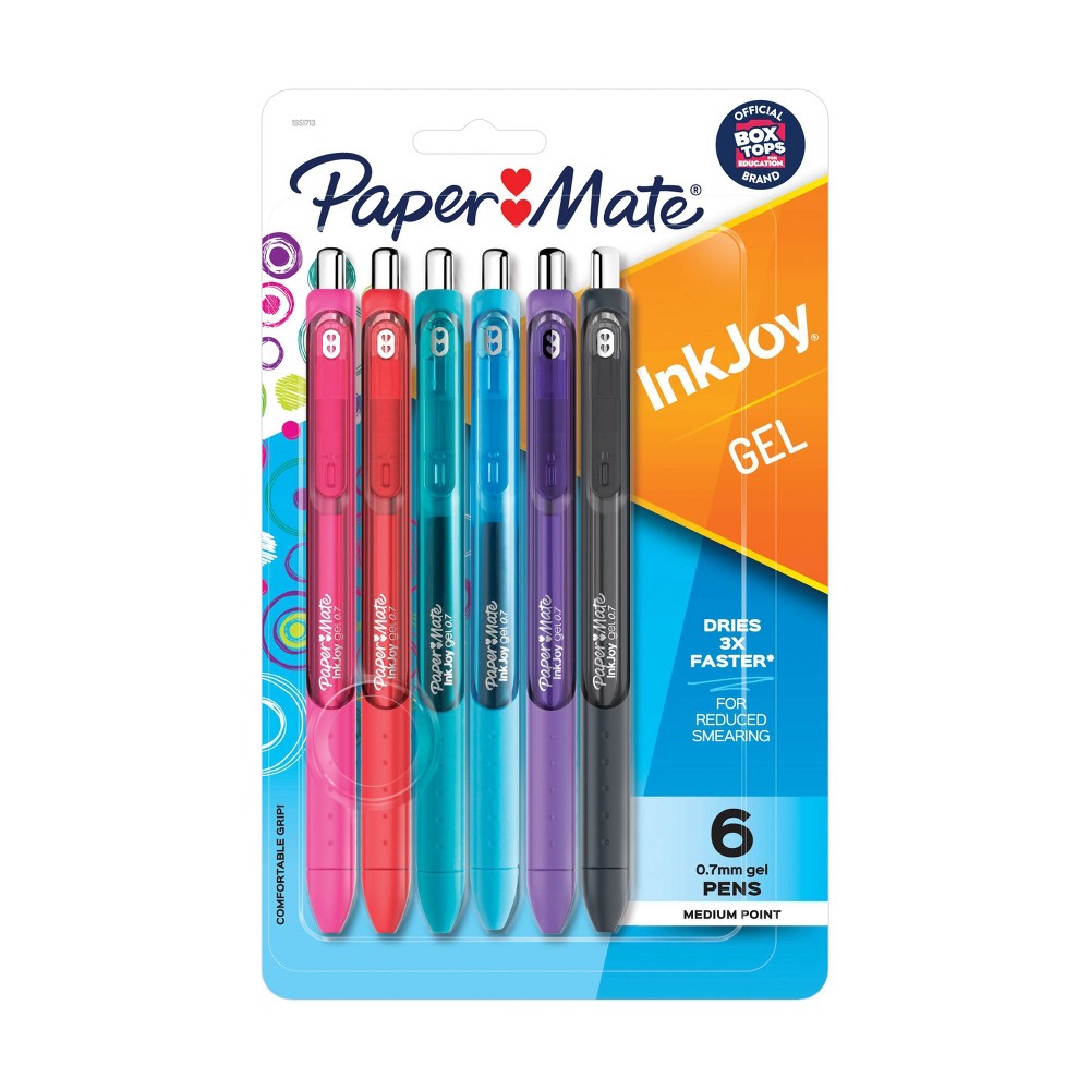 Paper Mate Ink Joy 6pk Gel Pens 0.7mm Medium Tip Pastel Colors: Retractable Quick Drying Stationery with Pocket Clip