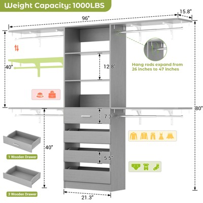Aheaplus 96'' Closet System with 4 Drawers and Shelves